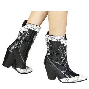 Black‎ White Snake Heeled Cowboy Boots Pointed Toe Western Ankle Boots Womens 38
